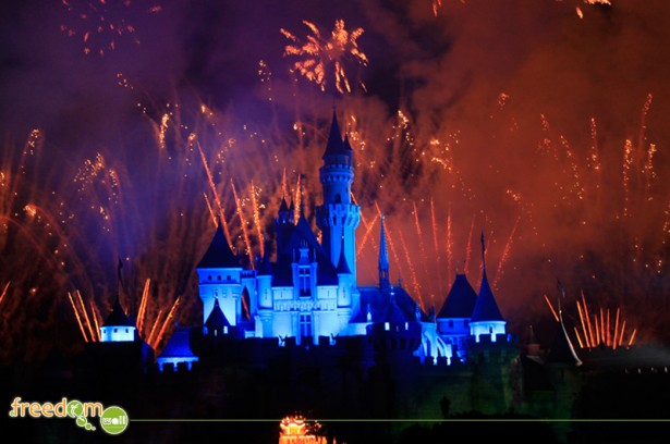 Sleeping Beauty's Castle with fireworks in the background