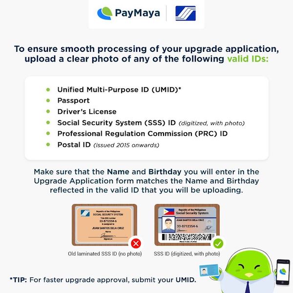 ID that you can use to upgrade your PayMaya account