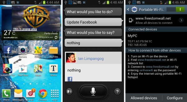 Samsung Galaxy SIII Mini's popup play, S-voice, and WiFi hotspot screens
