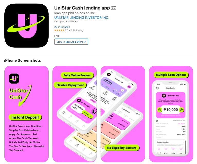 Unistar Lending, online cash lending provider from the Apple App Store